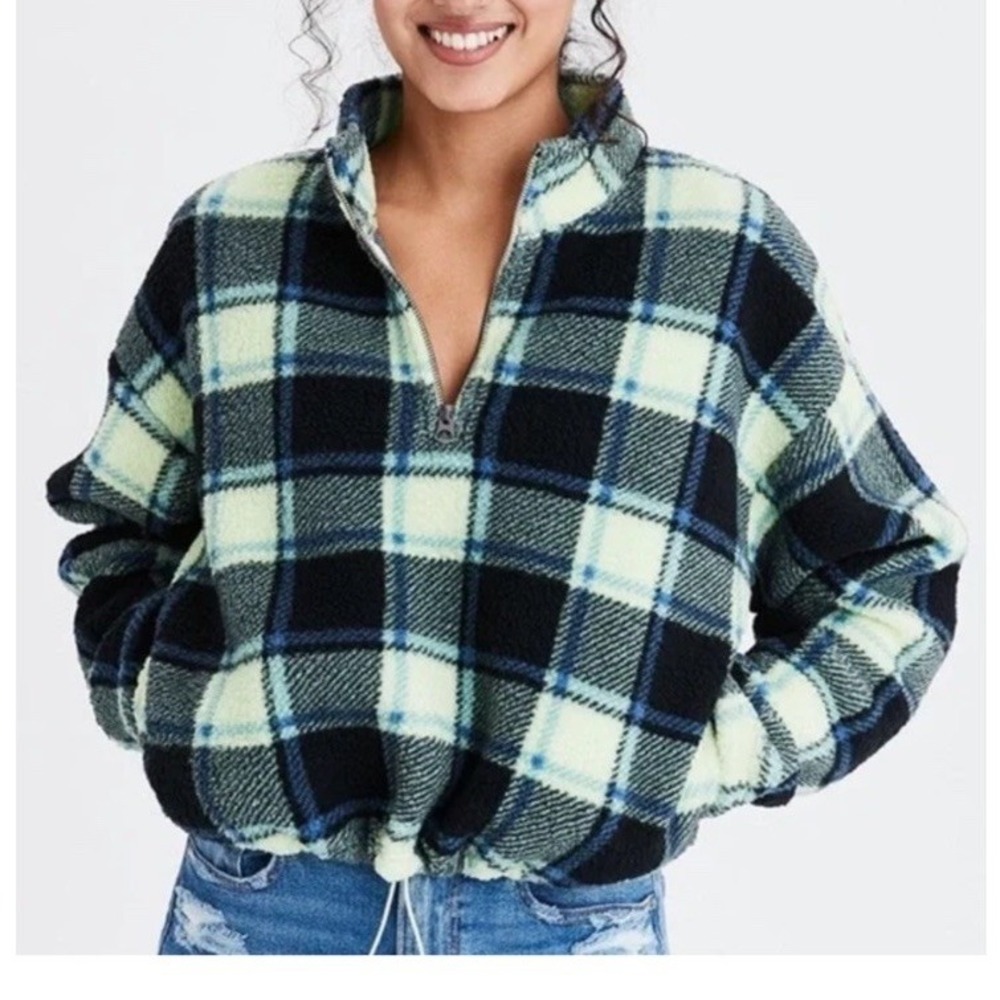 American  Eagle Plaid Cozy Sherpa Fleece‎ Quarter Zip Pullover Jacket Size S